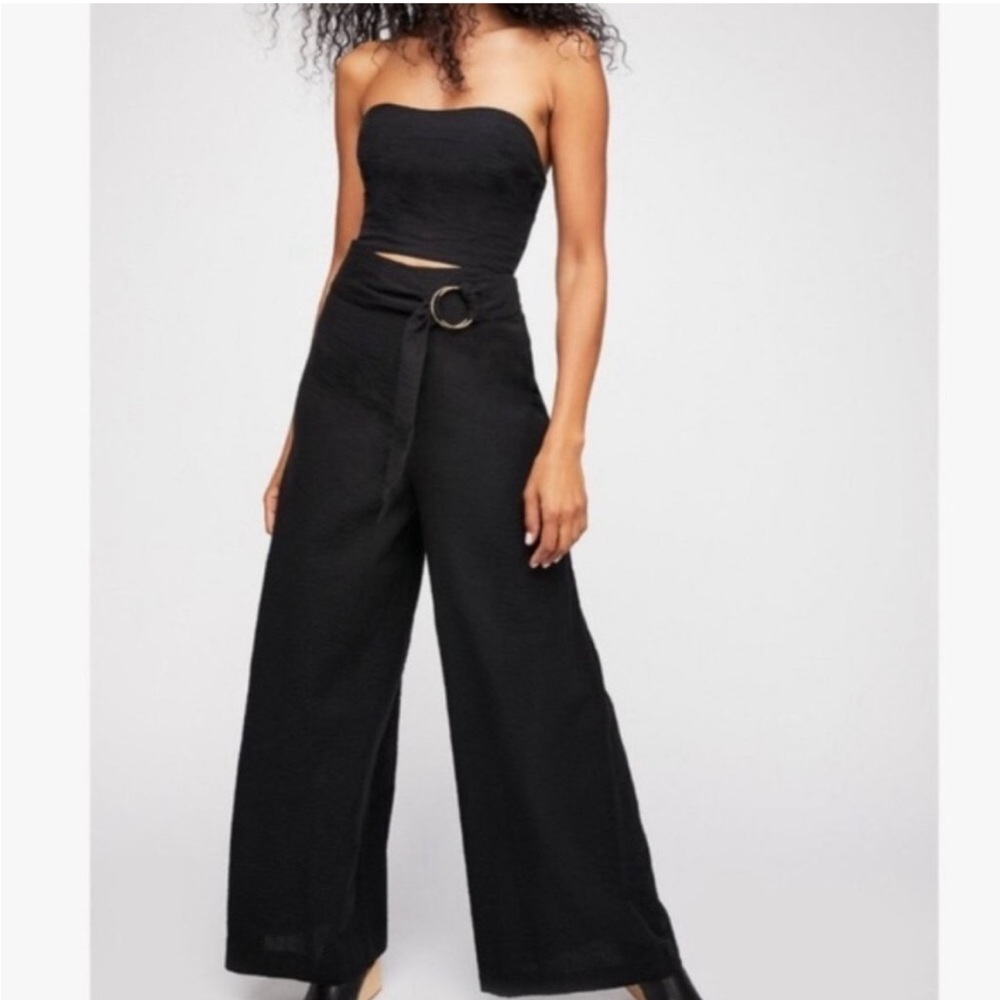Free People Easy Street Jumpsuit Wide Leg Strapless Cut Out Belted Retro Black 6